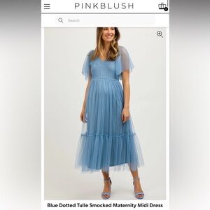 Pinkblush Blue Dotted Tulle Smocked Maternity Midi Dress
